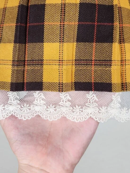 Cupop Japan Yellow Brown Plaid Lace Trim Pleated Mini Skirt Skort sz M - Picture 5 of 11